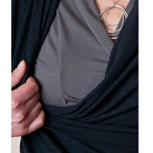 The Charcoal Gridded Fleece Nursing Top can be paired with the Crossover Shirts for effortless breastfeeding.