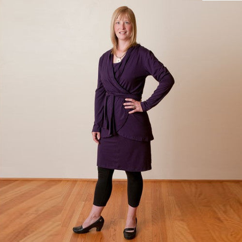 Maggie pairs the Jet Set Dress and Jacket with leggings for a casual but chic outfit.