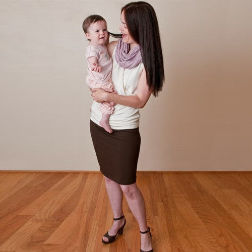 Ophelia wears the Dark Chocolate Brown Jet Set Skirt with the Ivory Crossover Shirt. (Both pieces are included in the Dark Chocolate Brown 4-Piece Jet Set.