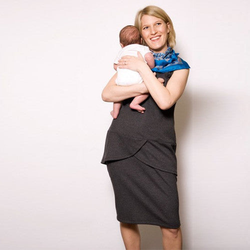 Emily jumps from working mother to breastfeeding James with a quick unzip of the Signature Tunic.