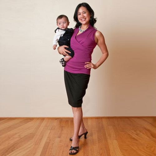 Colleen wears the Fuchsia Crossover Shirt with the Jet Set Skirt.