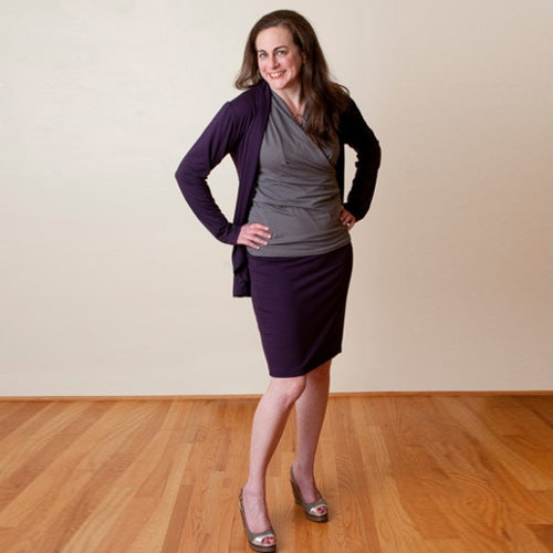 Holli pairs the Pewter Sleeveless Crossover Shirt with the Crocus Jet Set.