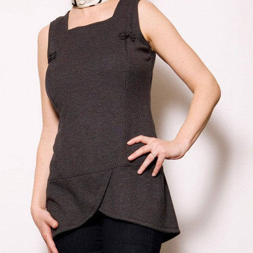 The HadleyStilwell Signature Tunic has Asian frog clasp accents and hidden zippers in the princess seams.