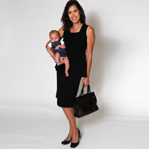 Christine wears the Black Signature Tunic and Skirt Set for her meetings with clients...and with son David.